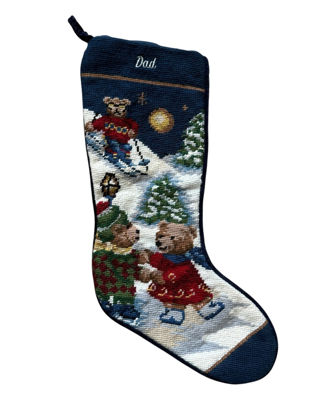 Vintage Wool Needlepoint Dad Teddy Bear Christmas Stocking Ski Lodge Holiday 17”